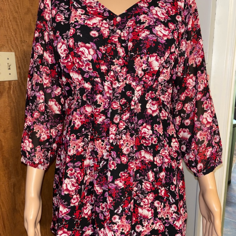 Isabel Maternity Blouse L Black Red Pink Floral V-Neck